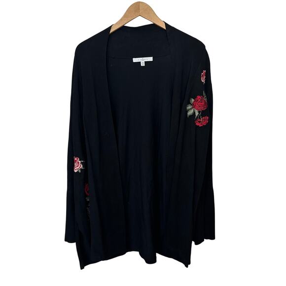 Bohemian Floral Embroidered Roses Open Cardigan Size 2X Black Bell Sleeves Fever - Picture 1 of 7